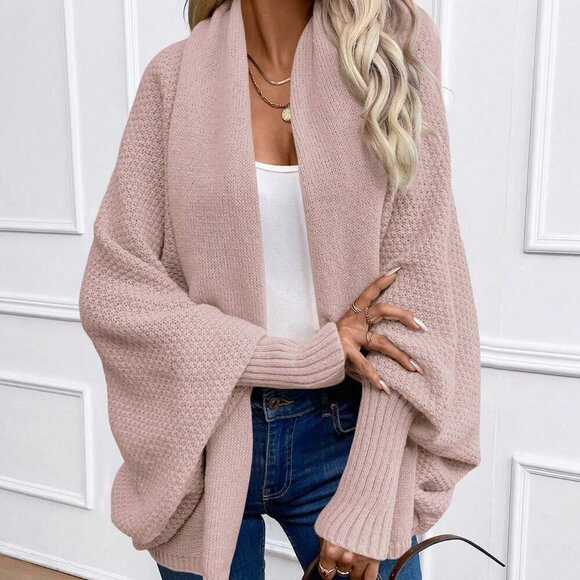 Pink Casual Women's Solid Color Batwing Sleeve Long Sleeve Cardigan - Picture 1 of 6